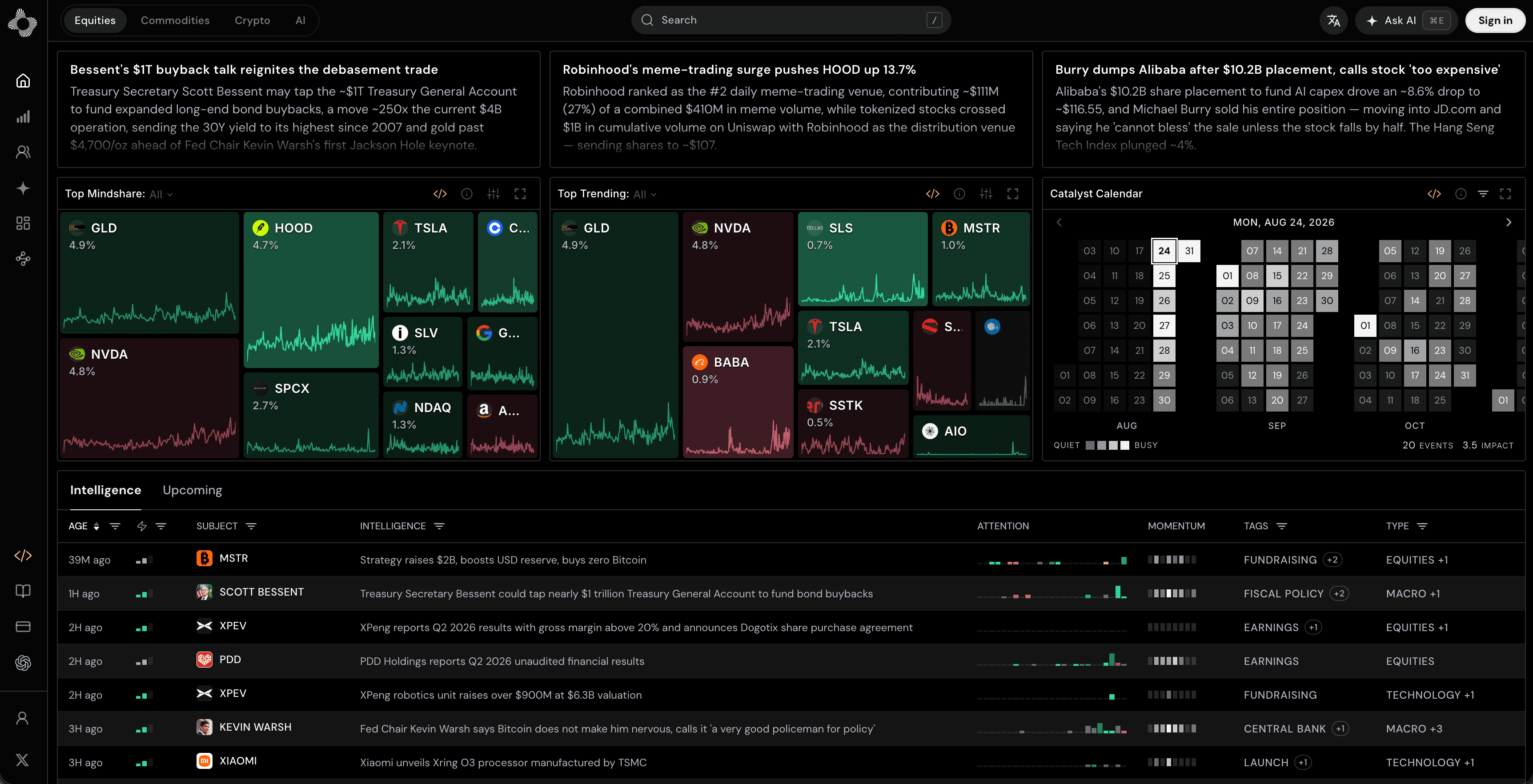 Nebula equities intelligence dashboard with market insights and a stock screener